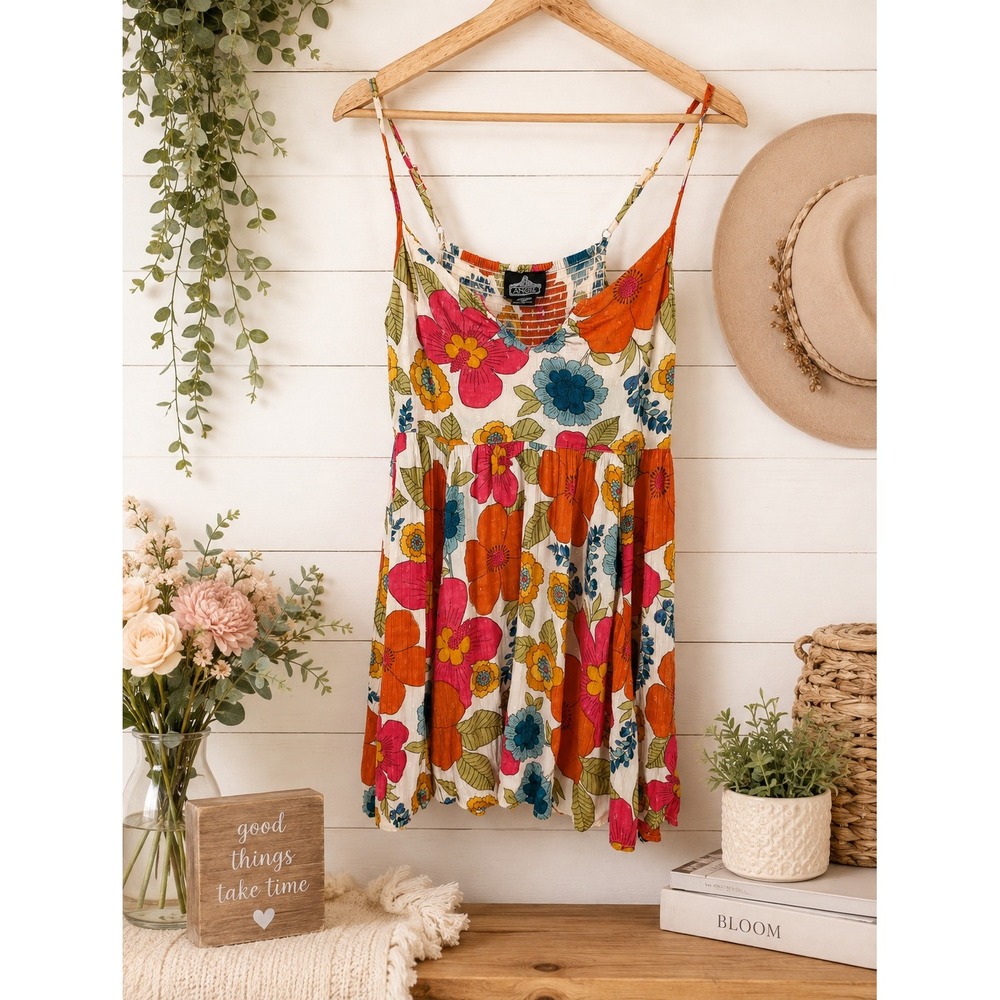 Angie Floral Mini Dress Womens Medium Multicolor Boho Smocked Back Strappy